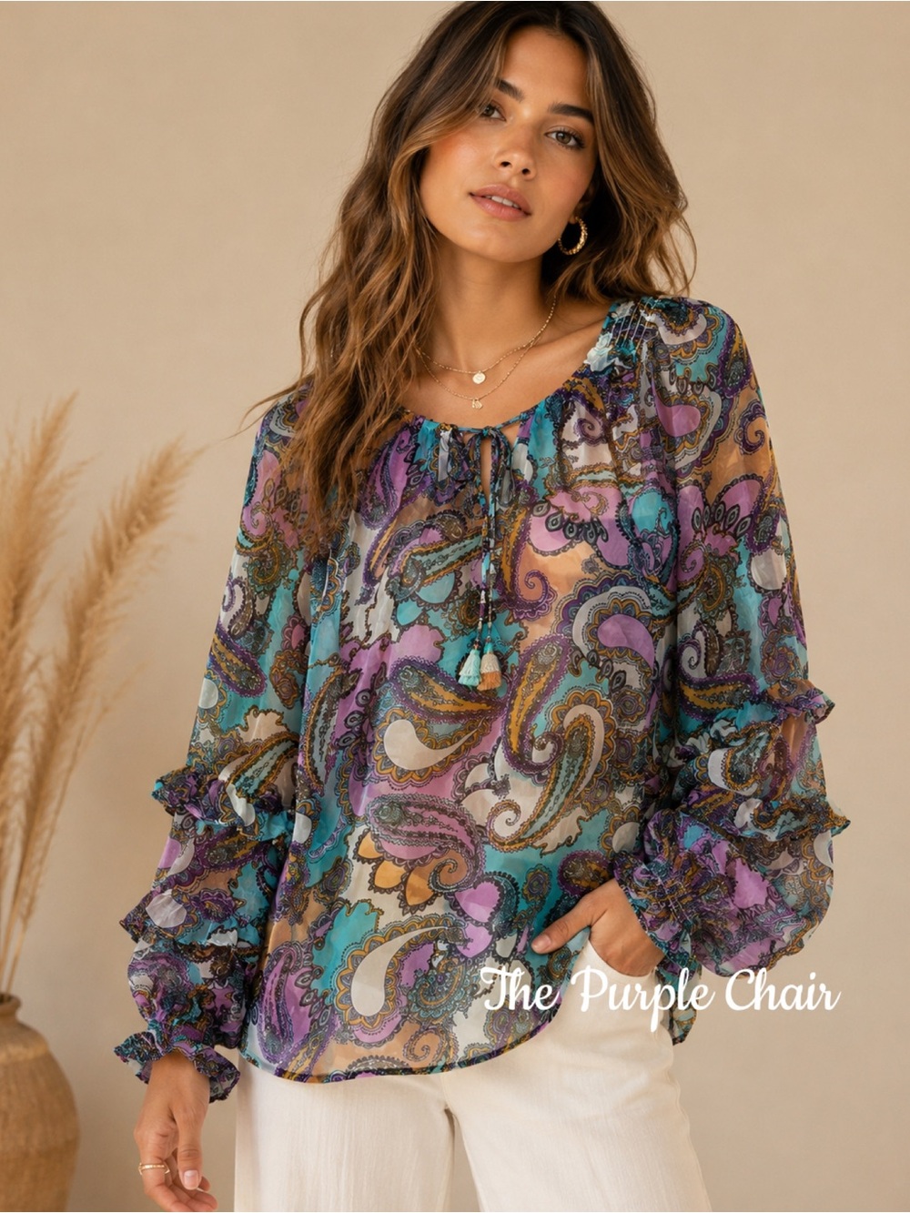 HALE BOB NWT Boho Paisley Ruffle Trim Balloon Sleeve Silk Blend Blouse